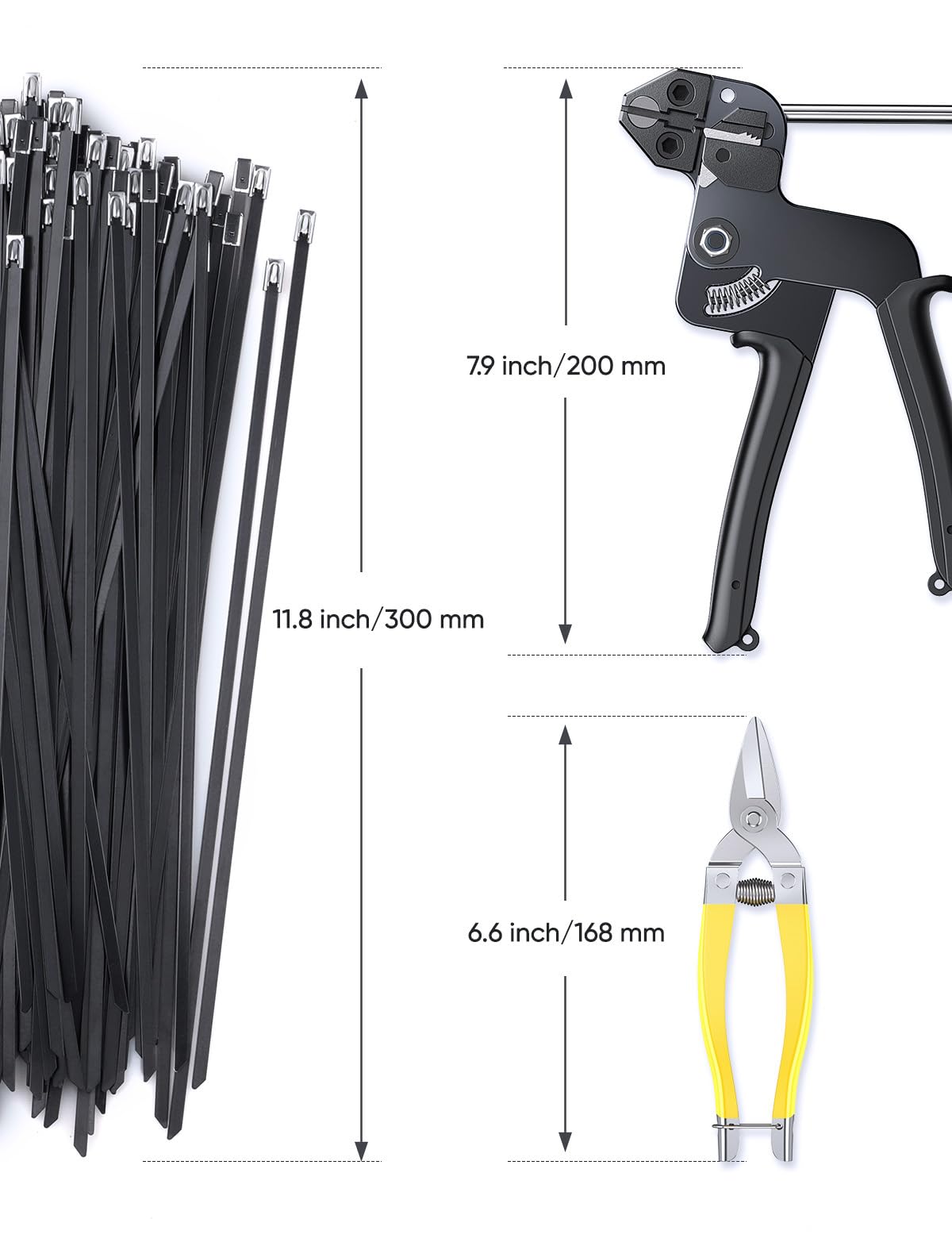 Bridas metálicas negras de 150 piezas de 11.8 pulgadas, con herramientas especiales de fijación y corte, bridas de acero inoxidable multiusos, adecuadas para vehículos, granjas, vallas, agrupación de