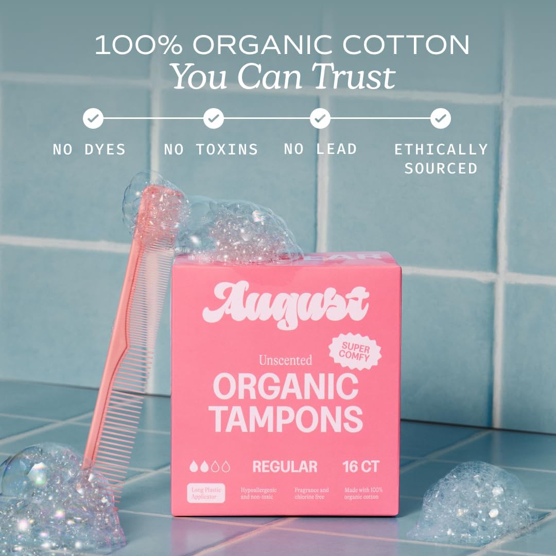 August Organic Cotton Tampons, 96 Regular Tampons Made with Organic Cotton, Long Applicators, Non-Toxic, Fragrance & Chlorine-Free, Hypoallergenic (6 Boxes of 16/12 Boxes of 8)