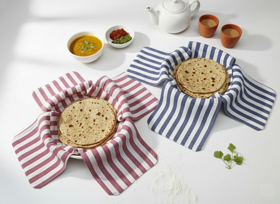 Glus Cotton Roti Cloth Wrap for Casserole Double Layer Chapati Cover Roti Rumal for Hot Case Reusable Kitchen Cloth Pack of 2 (Cotton, Red & Blue)