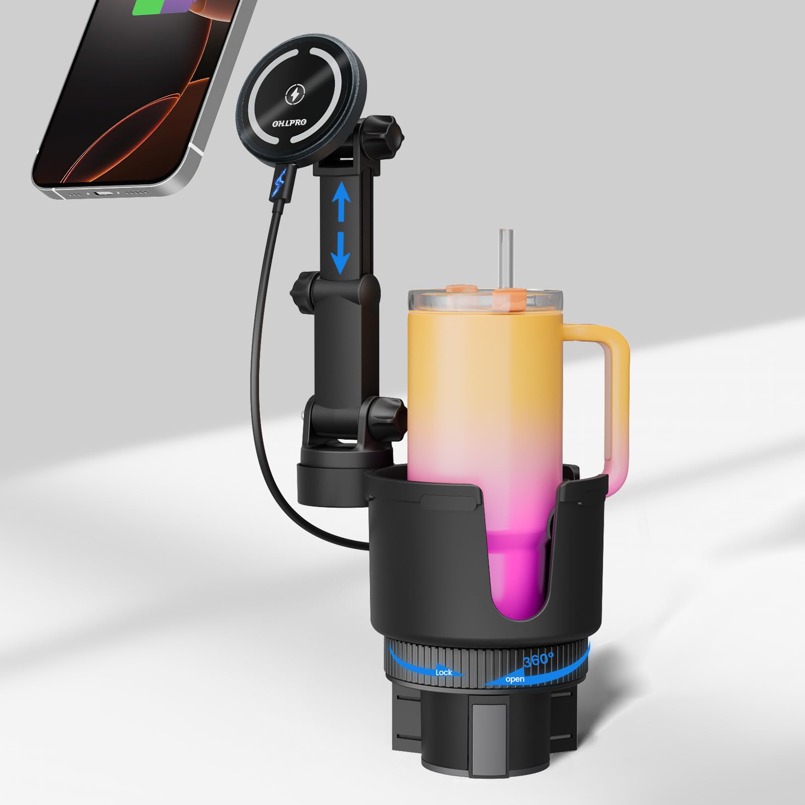 OHLPRO for MagSafe Car Charger Cup Holder Mount, 15W Fast Wireless Magnetic Charging Phone Holder for iPhone 16 15 14 13 12 Series, Adjustable Car Mount with Large Cup Base, One-Hand Operation, Black