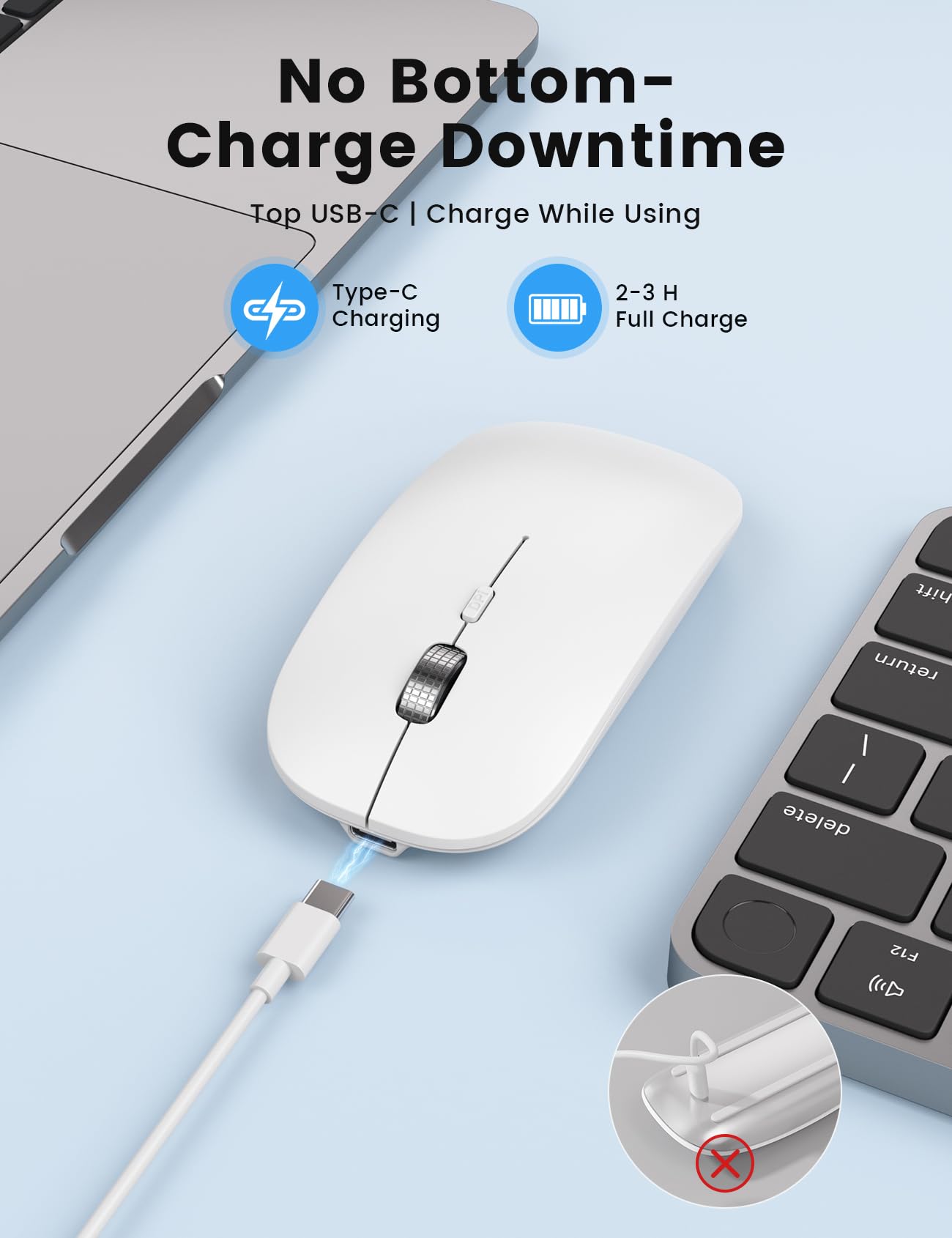 SABLUTE Ratón Bluetooth para MacBook Pro/Air, iPad, mouse inalámbrico recargable de tres modos para 3 dispositivos (BT 5.2 + 2.4G), elegante mouse silencioso delgado para superficie, ventanas, blanco