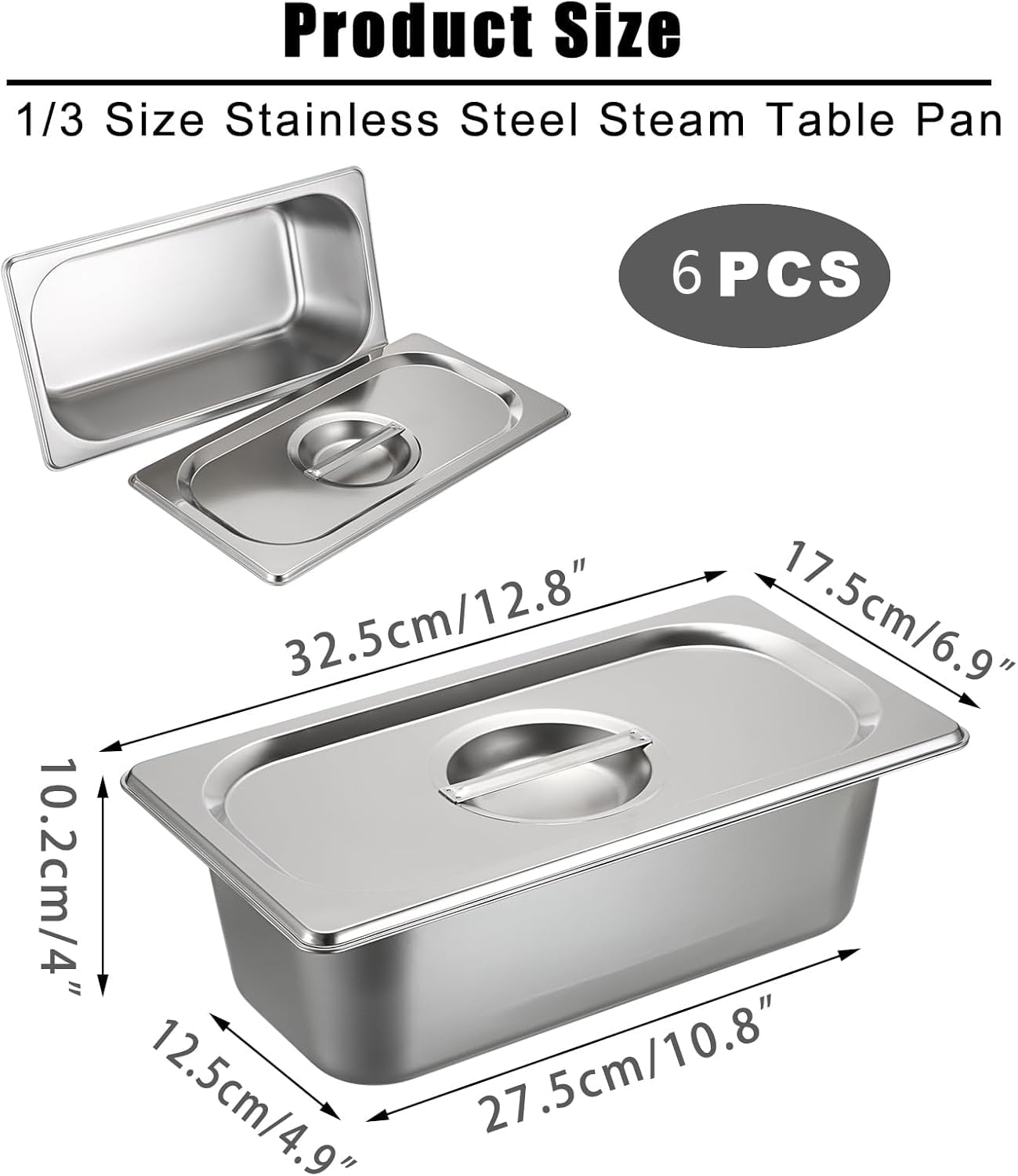 6 recipientes GN 1/3, 32,5 x 17,5 x 10 cm, acero inoxidable con tapa, recipientes gastro para comida, tartas, sartén de hotel, mesa