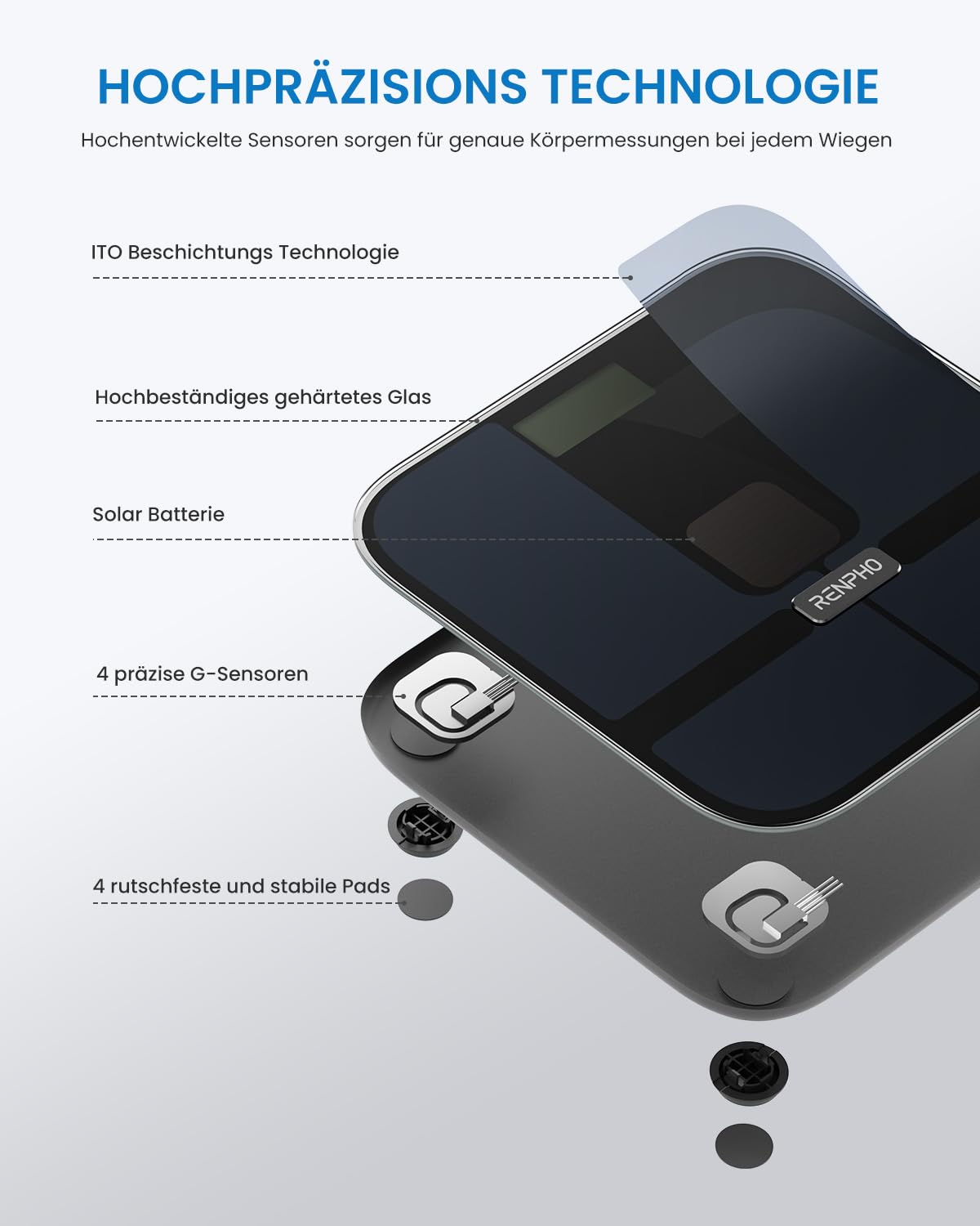 RENPHO Elis Solar 2 Smart Körperwaage – Solarbetriebenes Körperanalysegerät mit WiFi & Bluetooth, 13 Messwerte, App-Integration für Fitness & Gesundheitsmanagement