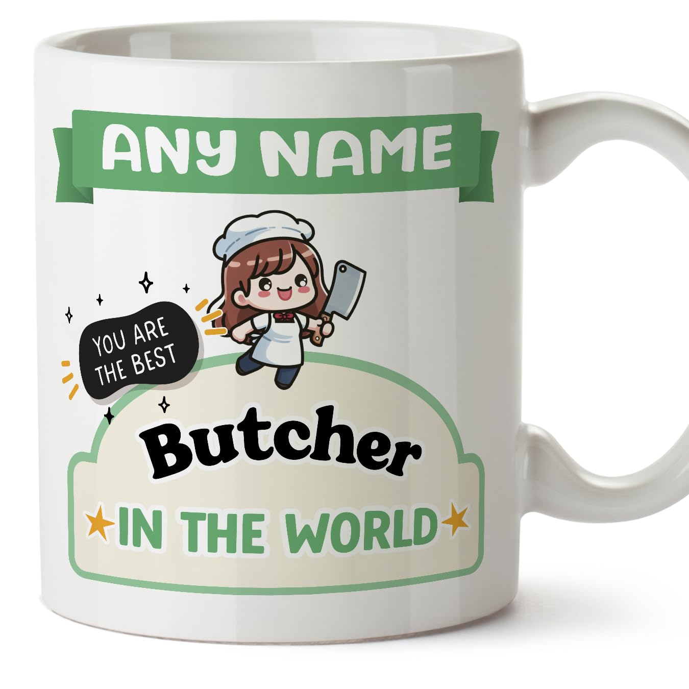 MUGFFINS Personalised Mug for Butcher Woman - in English - Best in The World - Kawaii - Funny Custom Gift for Colleagues - Ceramic 11oz Mug