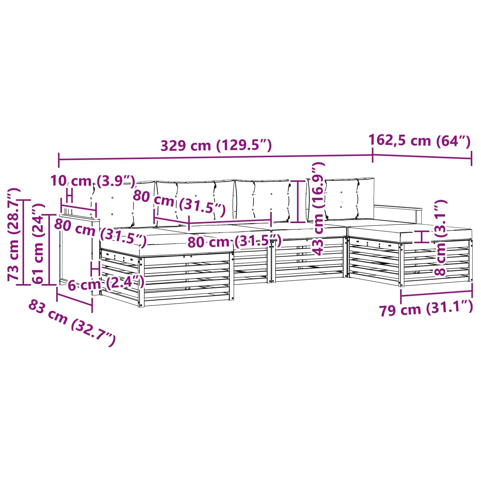 Set Sofas mit Kissen, 6 Stück, aus massivem Akazienholz