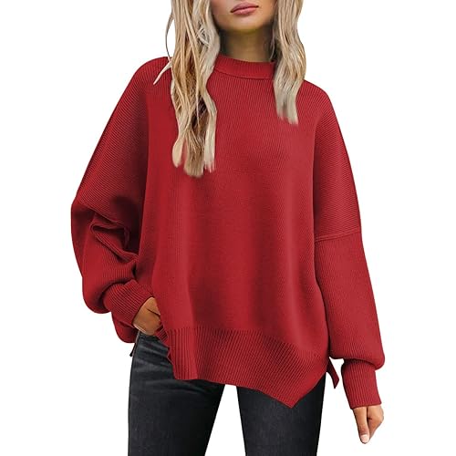 LILLUSORY Women's Crewneck Batwing Long Sleeve Sweaters 2023 Fall Oversized Ribbed Knit Side Slit Pullover Tops