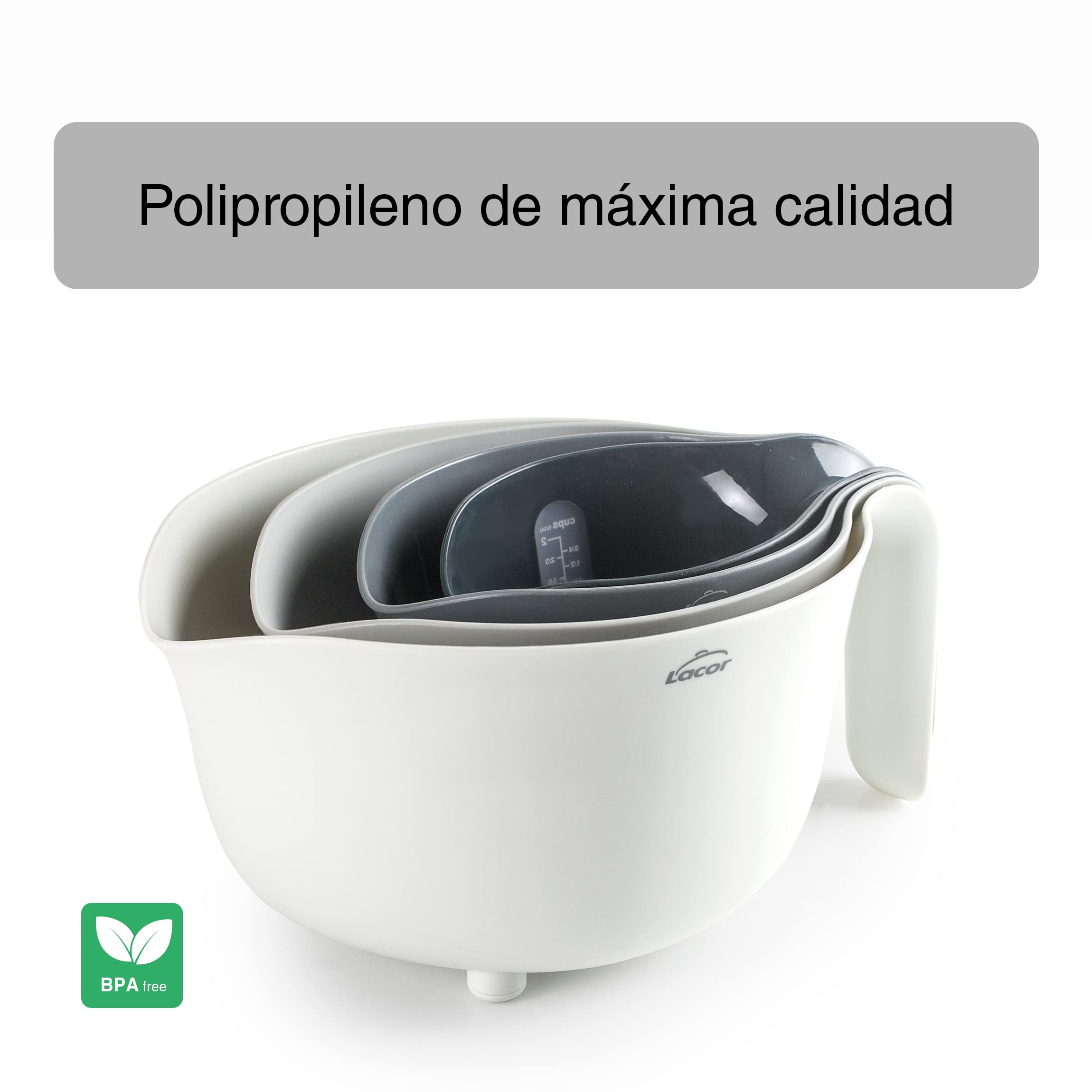 Lacor - 62633 - Set met 4 kommen, 100% BPA-vrij, mengkom (3,5 l), afdruipzeef (2 l), 2 maatbekers (1/0,5 l), stapelbaar, vaatwasmachinebestendig, 22 x 15 cm, wit, grijs