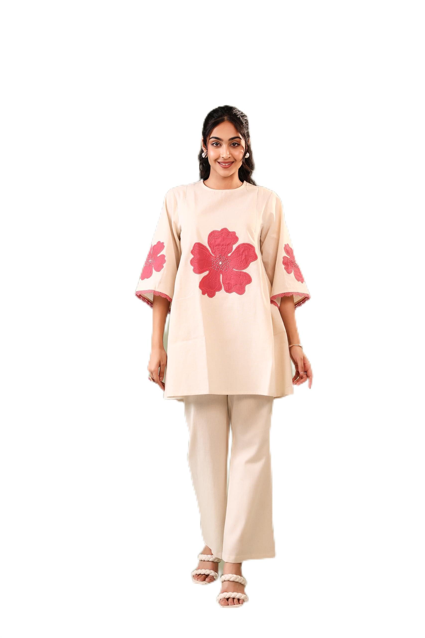 custard Off White Patch Embriodery Round Neck Top with Pant Coord Set for Women-picture-3
