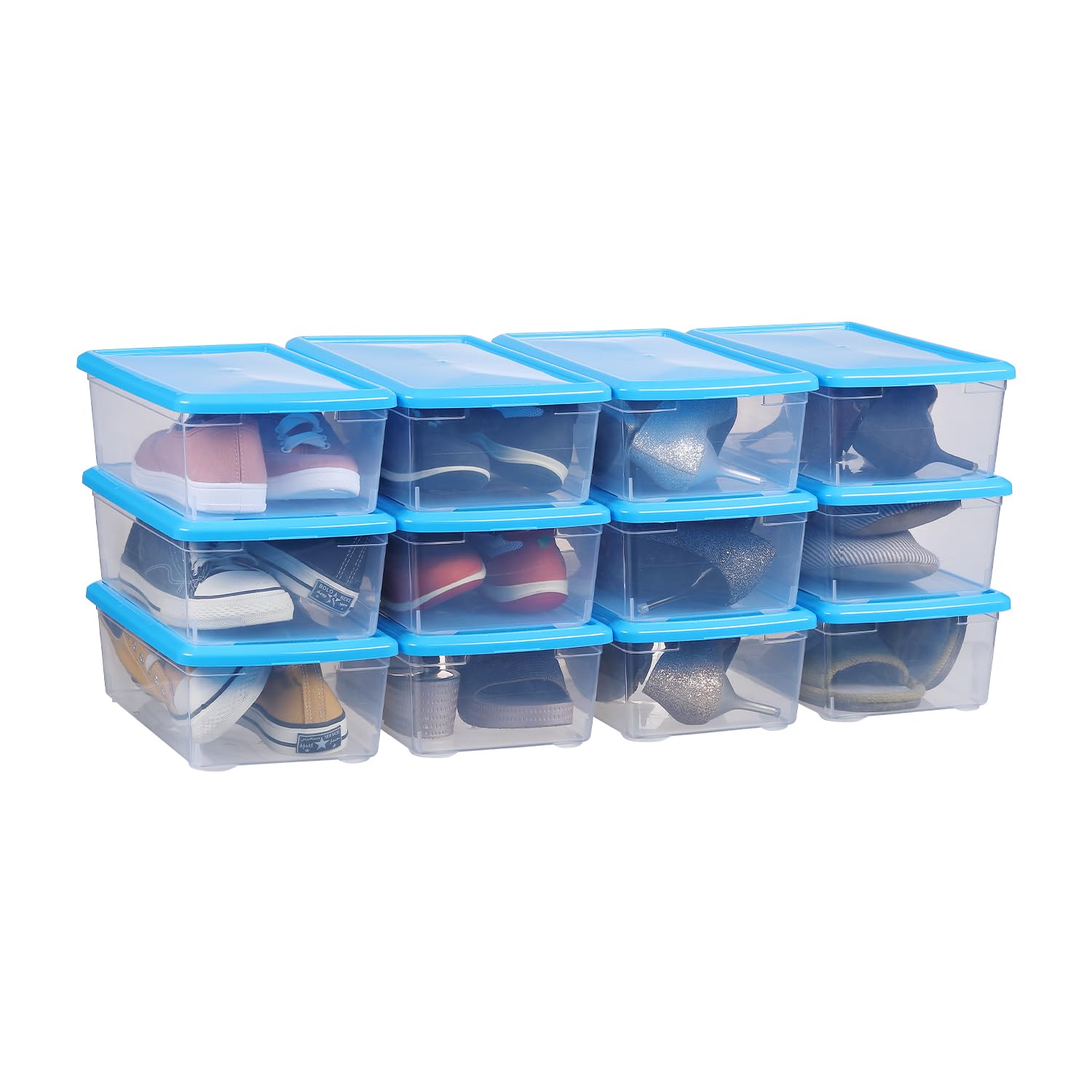 Scatola portaoggetti in plastica trasparente con coperchio, impilabile, 12 litri, con coperchio, 12 pezzi, colore blu, confezione da 12