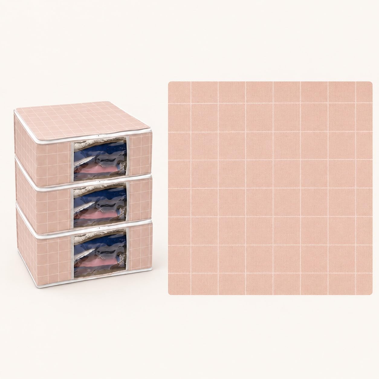VERVENIX Saree Cover Pack of 12, Pink & White Square Pattern Garment Storage Bags with Zipper & Transparent Window, Dustproof Clothes Cover for Sarees, Suits, Dresses & Coats