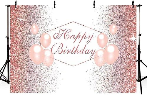 Miniatura 3 de Sendy Telón de fondo de feliz cumpleaños de oro rosa de 7 x 5 pies para niñas, globos de oro rosa, fondo de fotografía de cumpleaños, decoración de