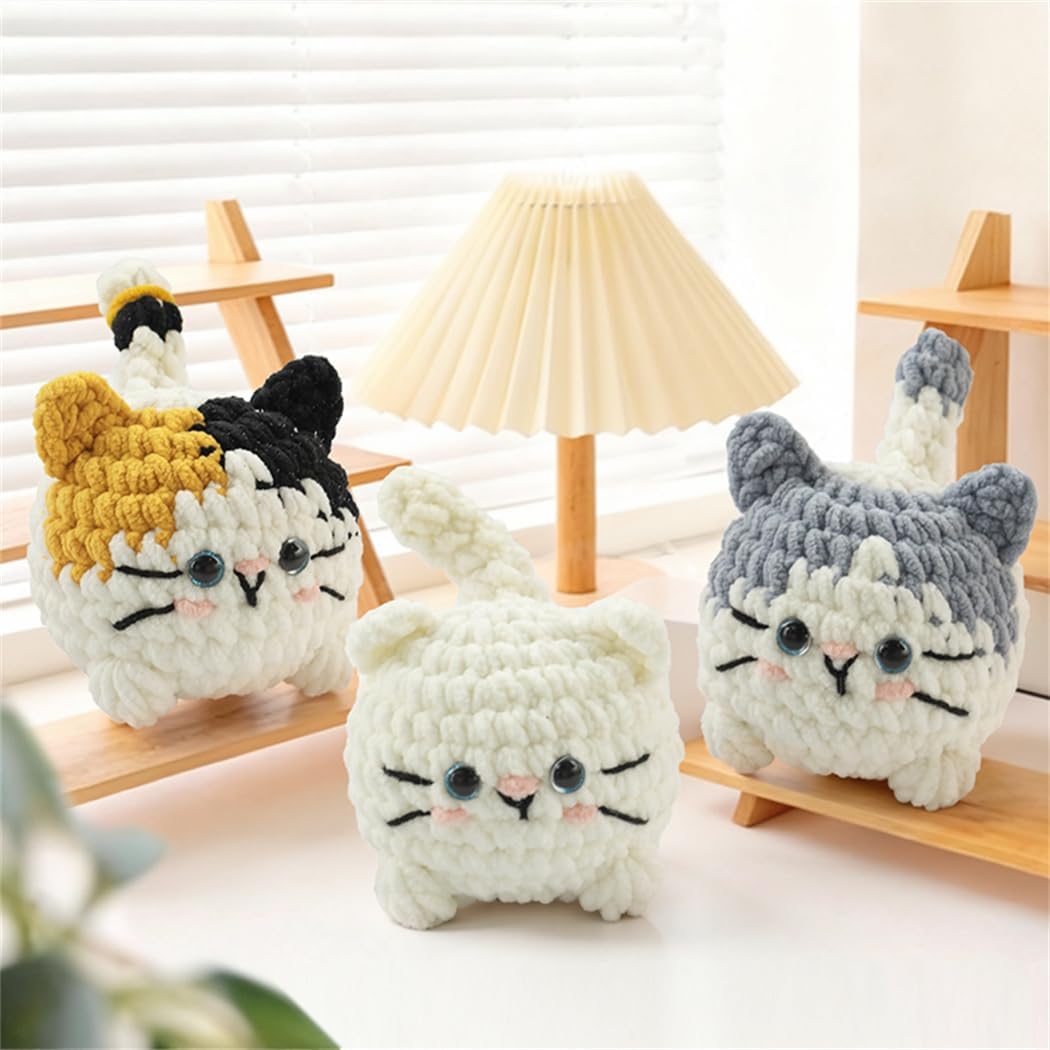 Linhao Jew Crochet Kit for Beginners – Cat Crochet Kit Keychain with Pre-Started Easy Yarn, Step-by-Step Video Tutorials for Adults DIY Crafts (Kitten)