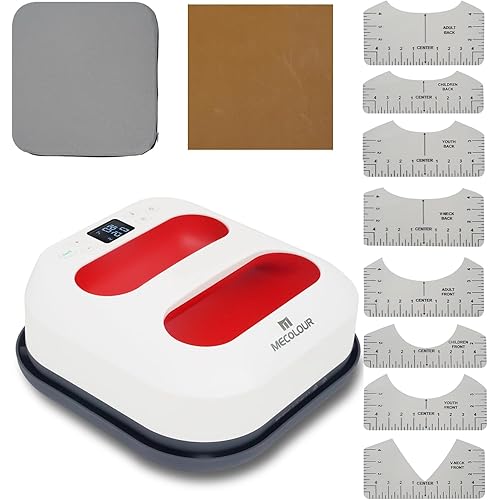 MECOLOUR Heat Press Machine for T Shirts, Portable Heat Press 9"X9" with Heat Press Mat, PTFE Teflon and 8 Pcs Tshirt Ruler Guide, Tshirt Press Machine for Sublimation, HTV, Heat Transfer (Red)