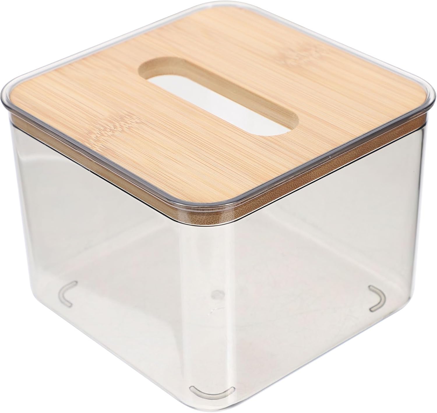 Beavorty Napkin Box Tissue Cube Cover with Bamboo Lid Clear Pet Material for Car Desktop Paper Tissue Holder Compact Size 4.52X4.52X3.54In