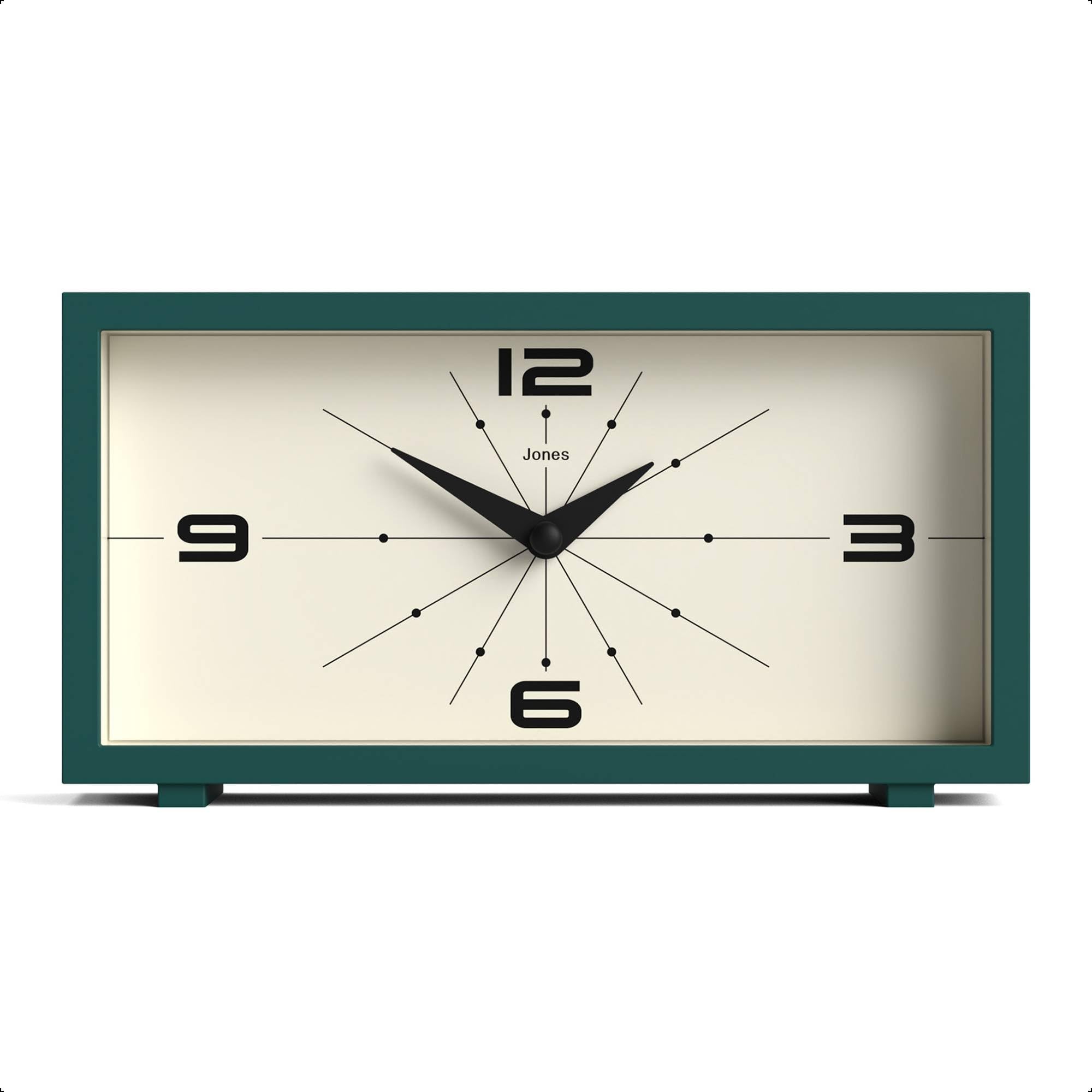 JONES CLOCKS® Odeon Desk Clock | Modern Rectangular Design | Green | Stylish Retro Look for Shelf, Table, Mantel or Bedside