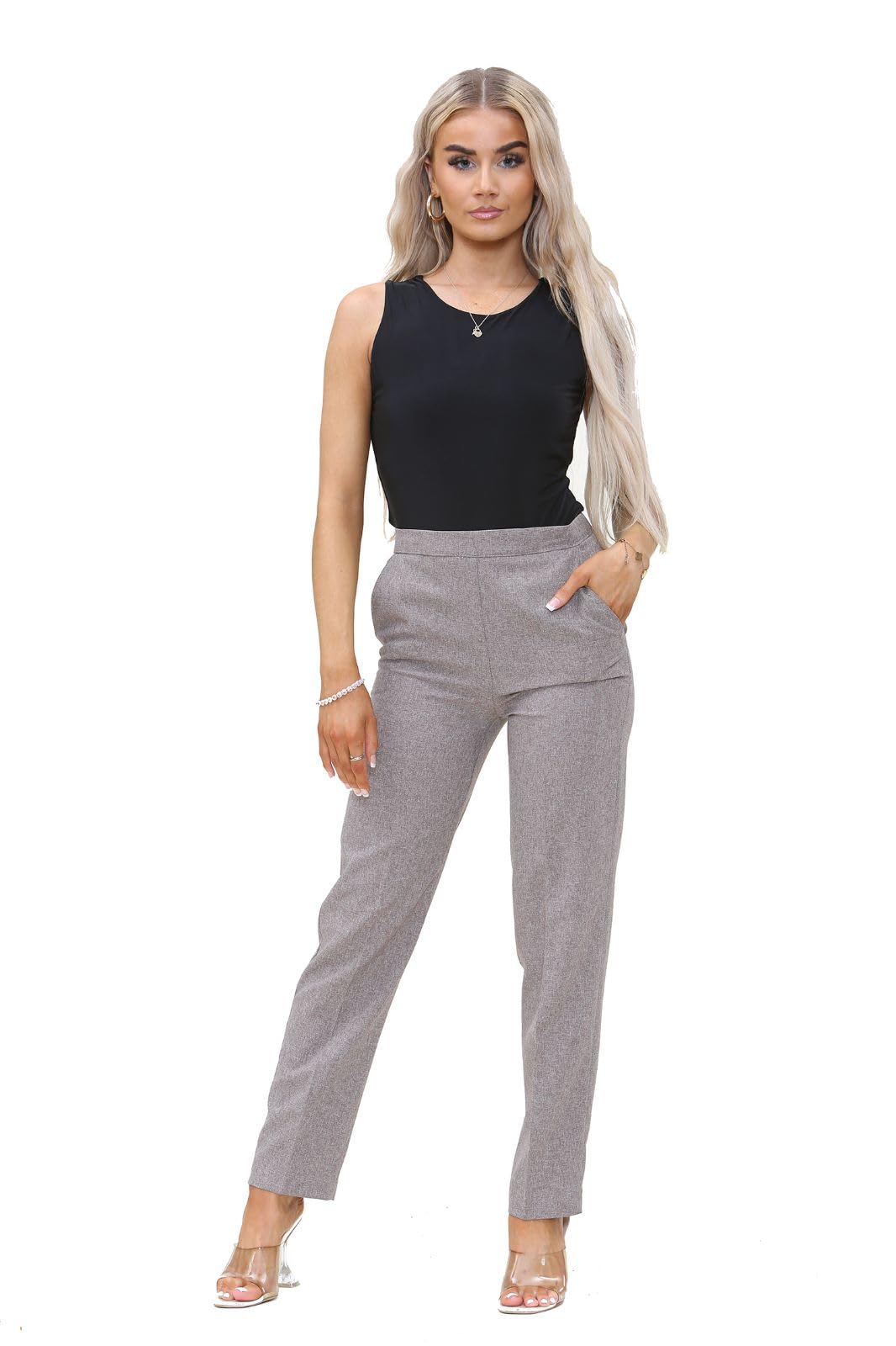 L S U Ladies Trousers Half Elasticated Women Pull Up Pants Formal Office Work Trousers (as8, Numeric, Numeric_8, Regular, Long, Beige)