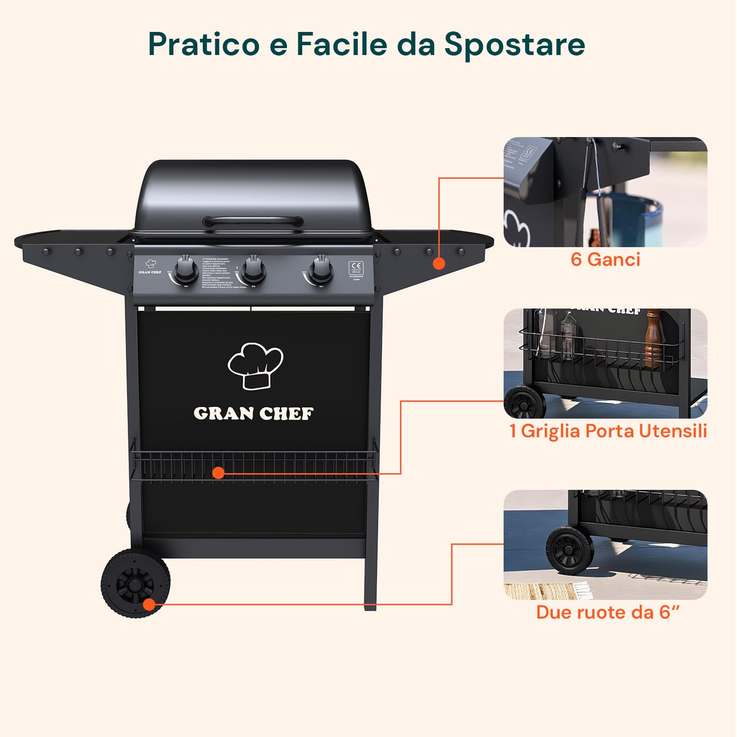 Avilia Barbecue a Gas 3 Fuochi Thomas – BBQ da Esterno in Acciaio Nero con Griglia Inox, Termometro, Cappa, Accensione Piezoelettrica e Ruote, Barbecue a Gas Esterno Compatto e Potente