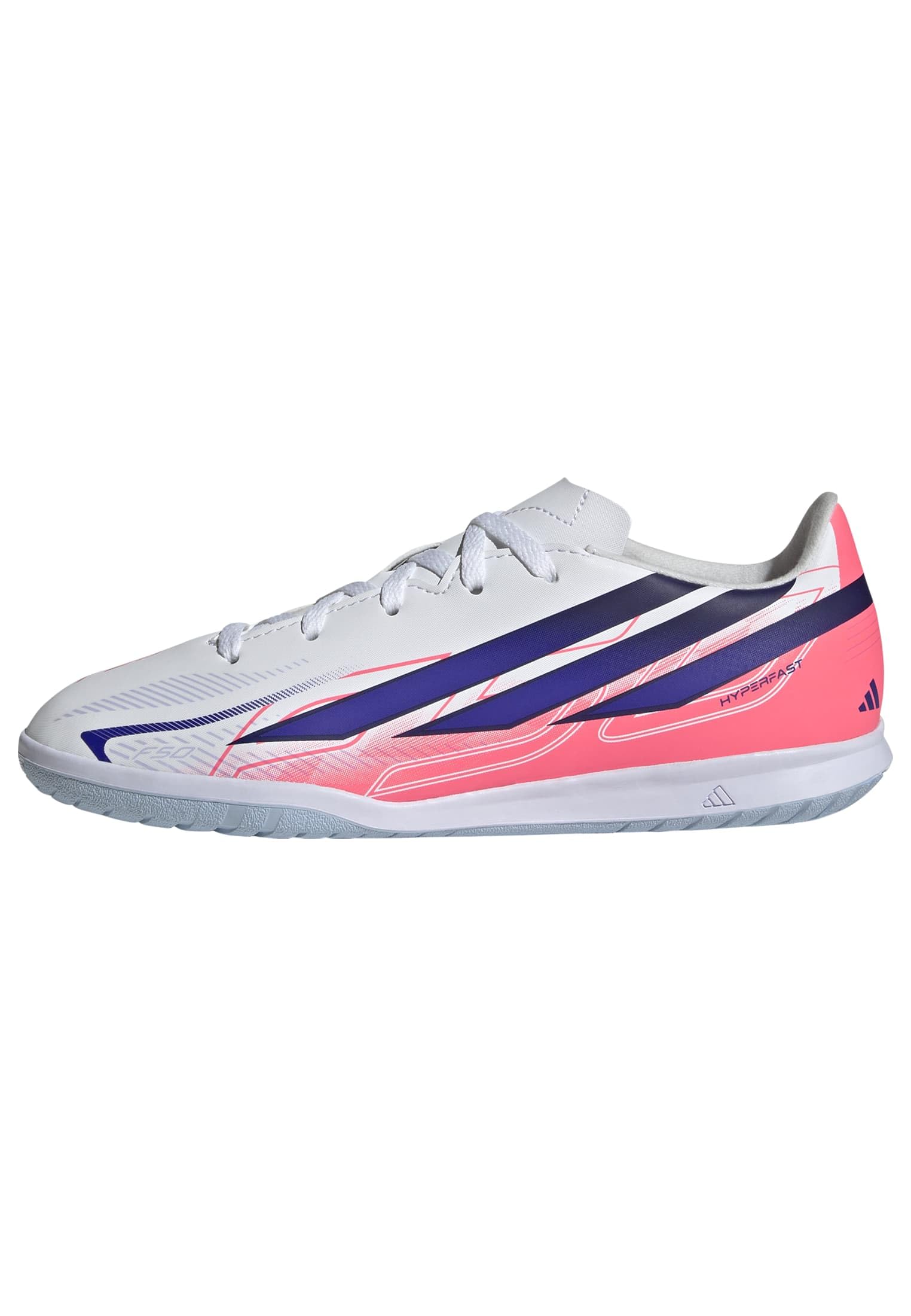 adidas Unisex Kids F50 Hyperfast Club Indoor Football Kids Shoes, FTWR White/Solar Purple/Solar Turbo, 5 UK