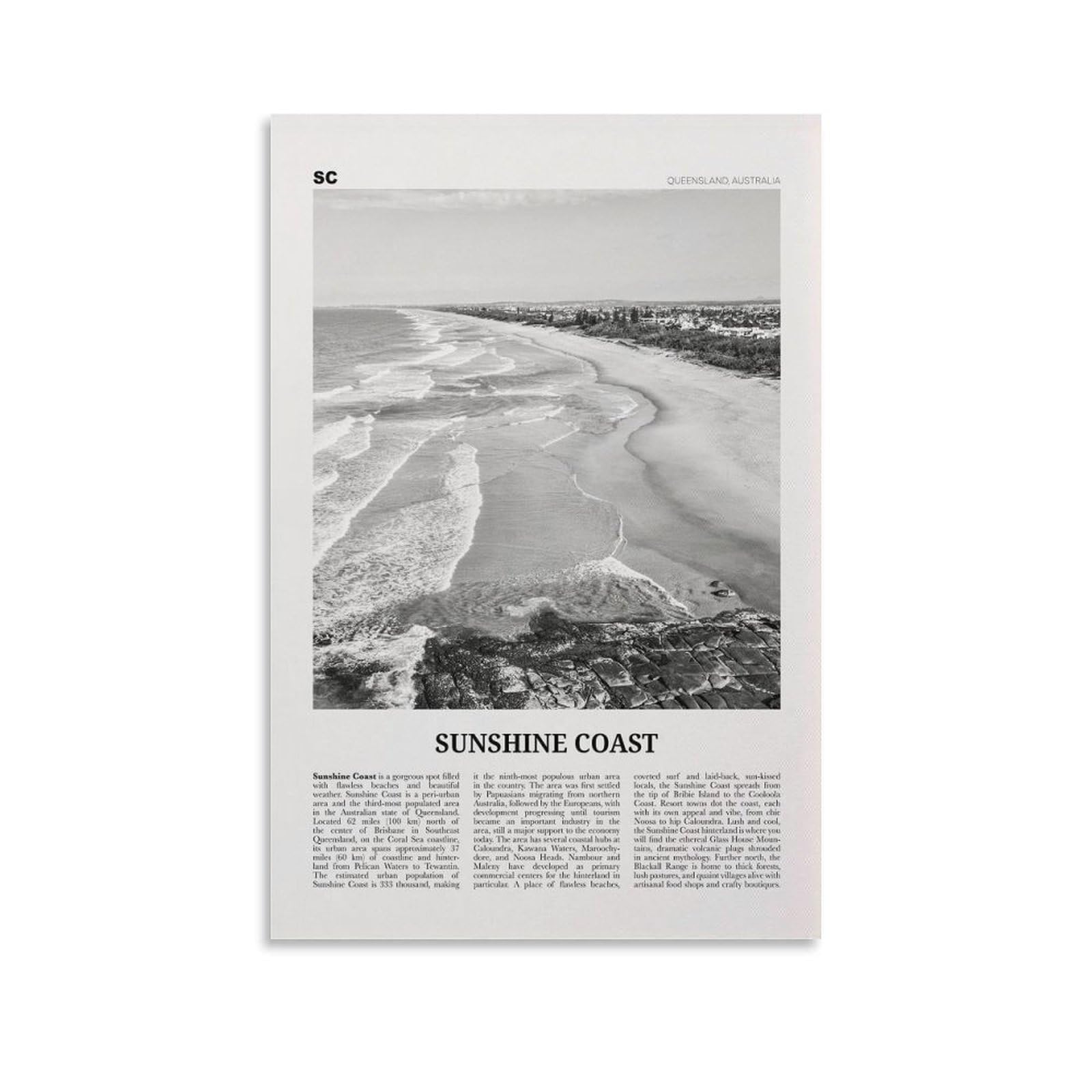 LZTEN Sunshine Coast Print Black And White, Sunshine Coast Wall Art, Sunshine Coast Poster, Sunshine Coast Photo, Queensland, Australia, Oceania Canvas Wall