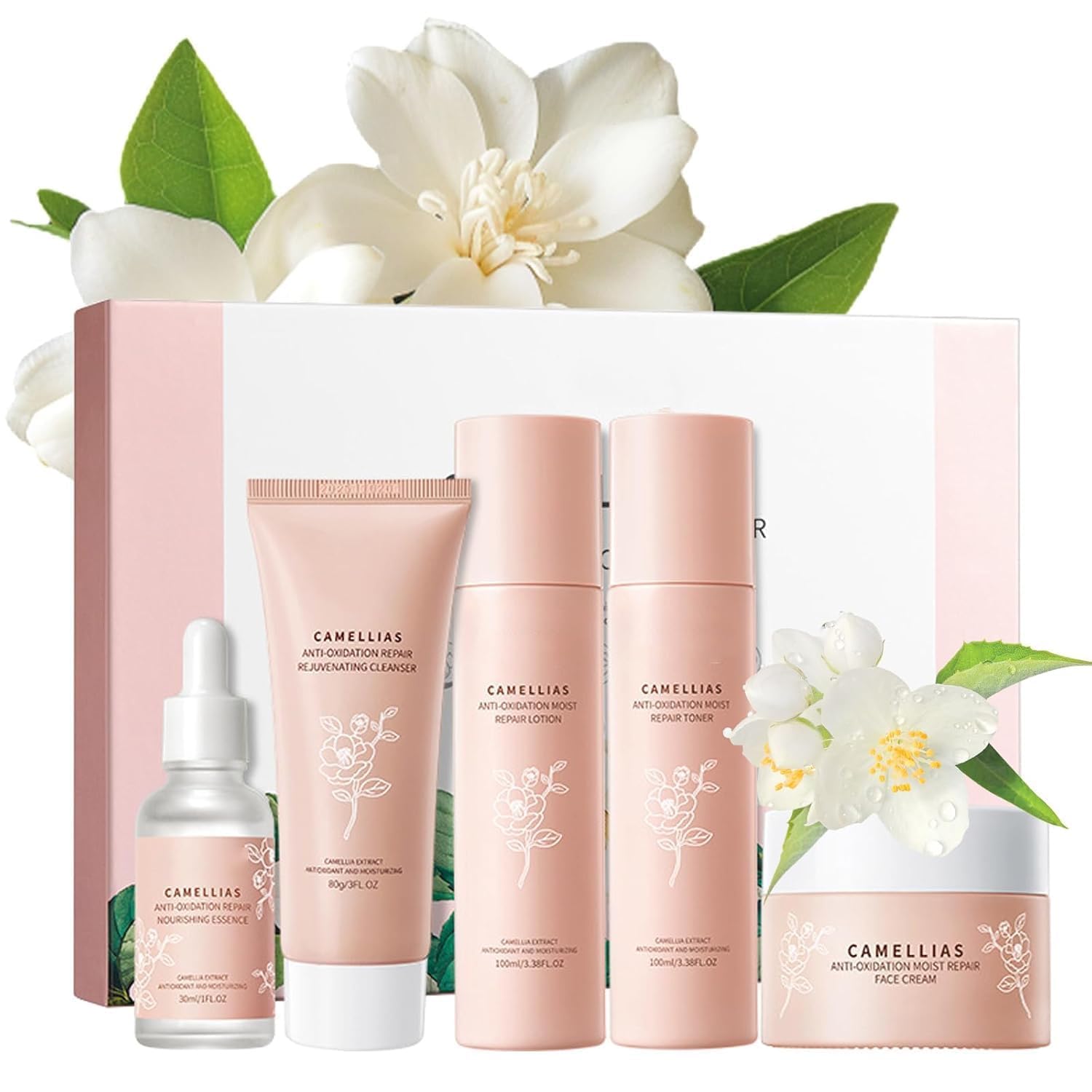 Azonee 5 Piece Facial Skin Care Set, Skin Care Routine Kit for Women, Hydrated Repairing Skincare Gift Set with Cleanser, Toner, Face Serum, Lotion, Face Cream, Camellia Travel Size Skin Care Set