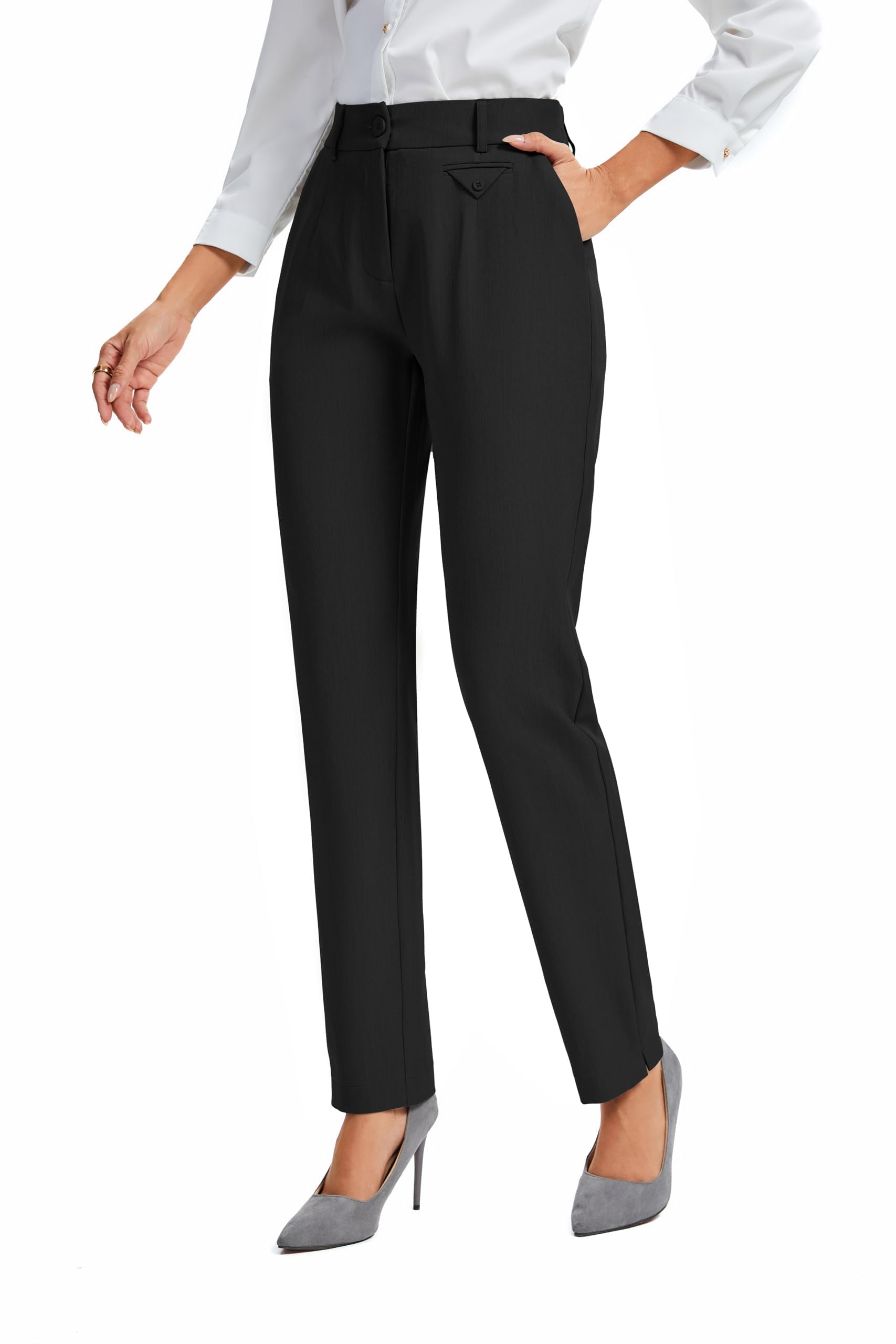 FUNYYZO Womens Stretch Business Work Pants with Pockets Wear to Work Casual Suitpants Long Straight Trousers