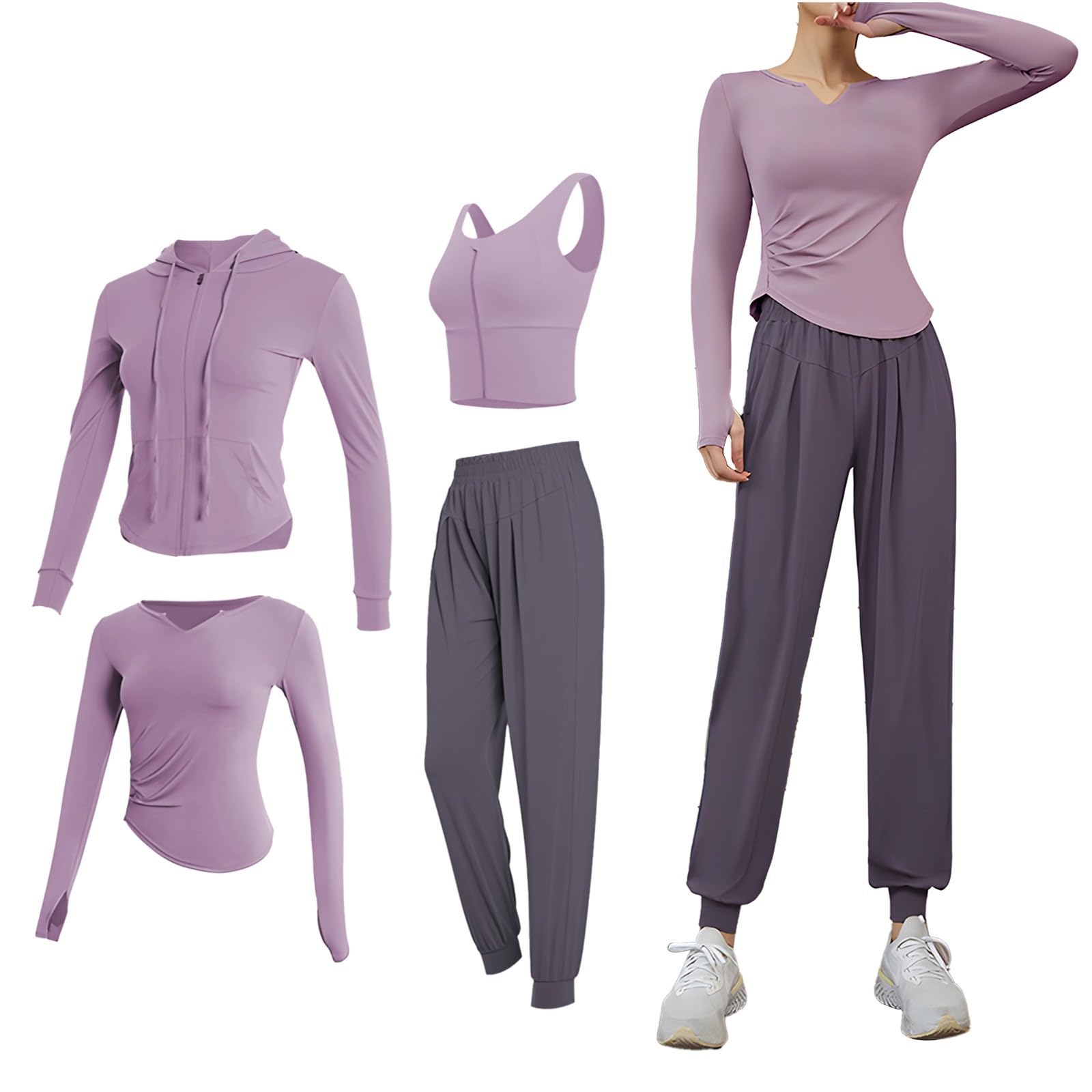 Womens 4-Piece Long Sleeve Activewear Set Breathable Polyester Spandex Includes Xxl Sizes Ideal For Fitness And Casual Looks