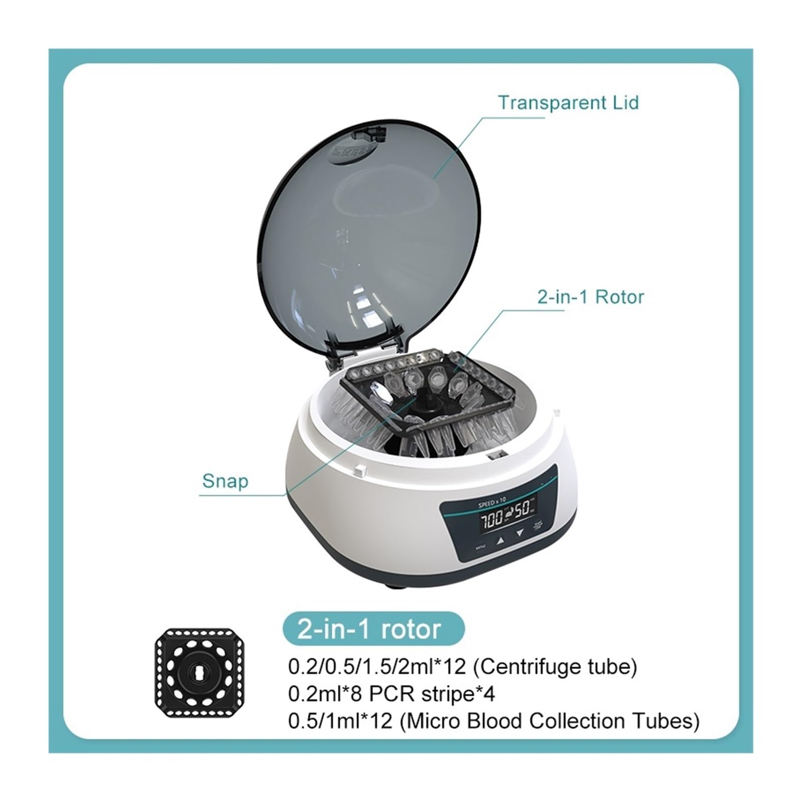 Centrífuga de mesa, Mini Máquina Centrífuga De Laboratorio Pcr Digital, Velocidad Ajustable 7000 Rpm For Tubo Centrífugo Y Microrecolección Sangre | MC-7Pro(7000rpm)