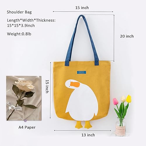 Miniatura 3 de MEETPET Bonita bolsa de lona para mujer, bolsa de tela de algodón reutilizable para el almuerzo, compras y playa, con diseño de pato 3D