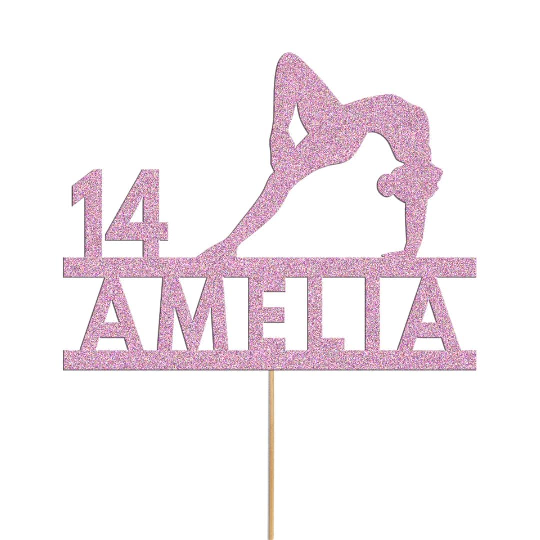 Custom Gymnast Cake Glitter Topper Girl Gymnastics Cake Decoration with Any Name and Age | Personalised Cake Topper with Custom Name & Age | Birthday Party Decoration | Baby Pink