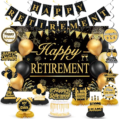 Retirement Party Decorations for Men Women Black Gold Happy Retirement Banner Backdrop Honeycomb Centerpiece Cake Topper Hanging Swirl Set