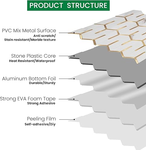Miniatura 5 de Adedeo Azulejo de metal para salpicaduras, superficie de aluminio, autoadhesivo, mosaico de cheurón, azulejos de despegar y pegar, mármol blanco,