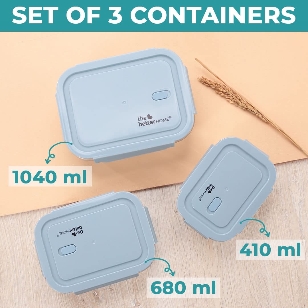 The Better Home Juego de recipientes herméticos de vidrio para almacenamiento de alimentos (1040 ml, 680 ml, 410 ml), a prueba de fugas, lonchera hermética para oficina, nevera y escuela, vidrio de