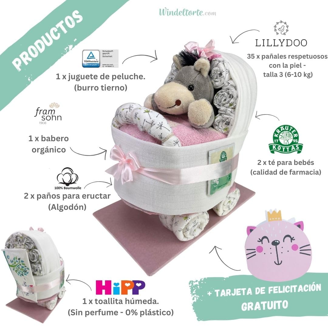 Tarta de pañales ® Cochecito con peluche, juguete de peluche, regalo para nacimiento, baby shower, fiesta de bienvenida (rosa)