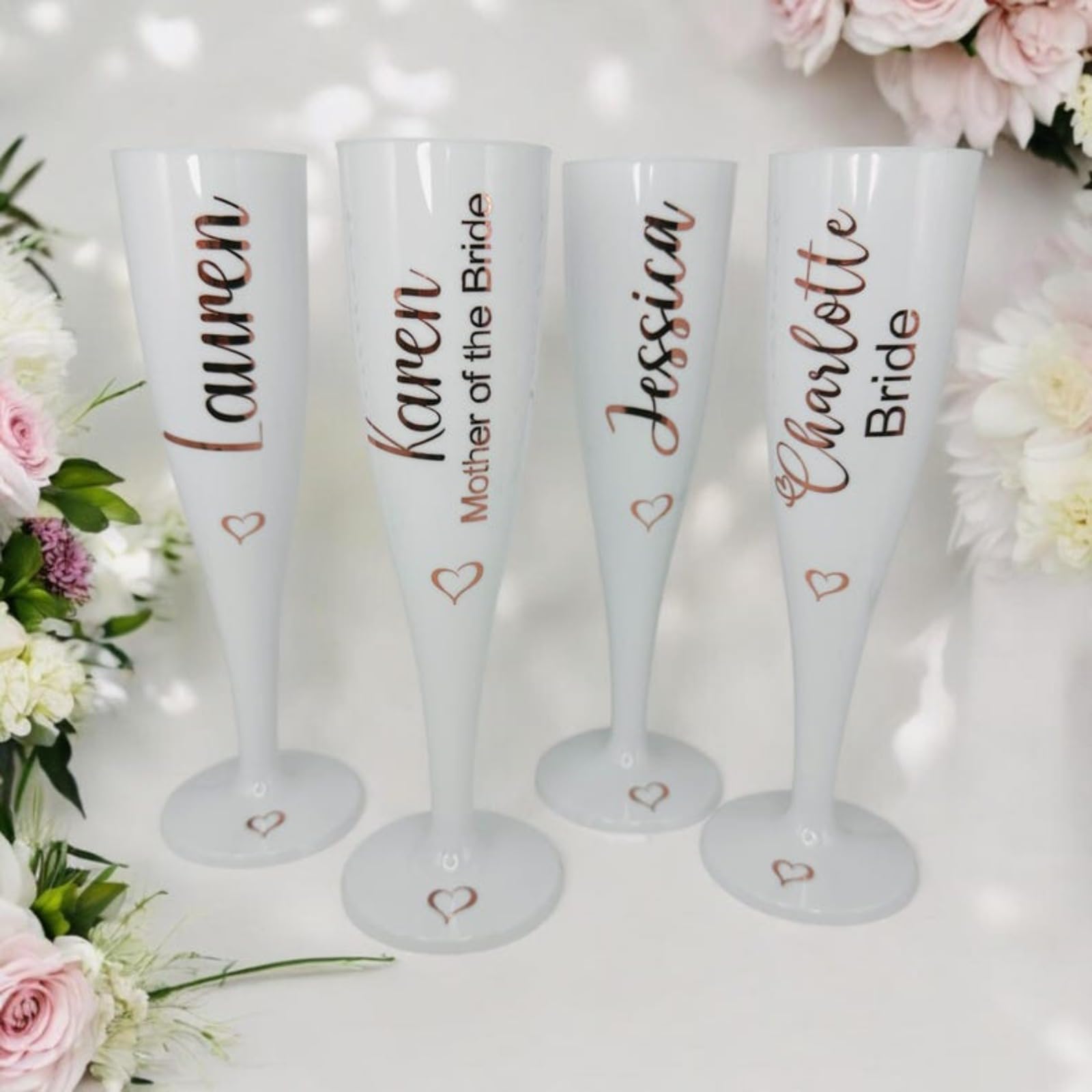 Flute da champagne bianche personalizzate, con nomi diversi, regalo per damigella d'onore, addio al nubilato, bomboniere per ospiti (6 pezzi)