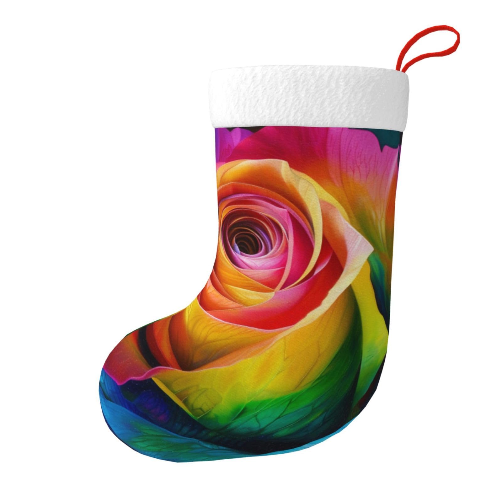 Rainbow Rose Flower Print Christmas Stocking, 28x45cm Holiday Hanging Stockings for Fireplace, Tree Decorations, Gift Giving, and Party Festive Decor