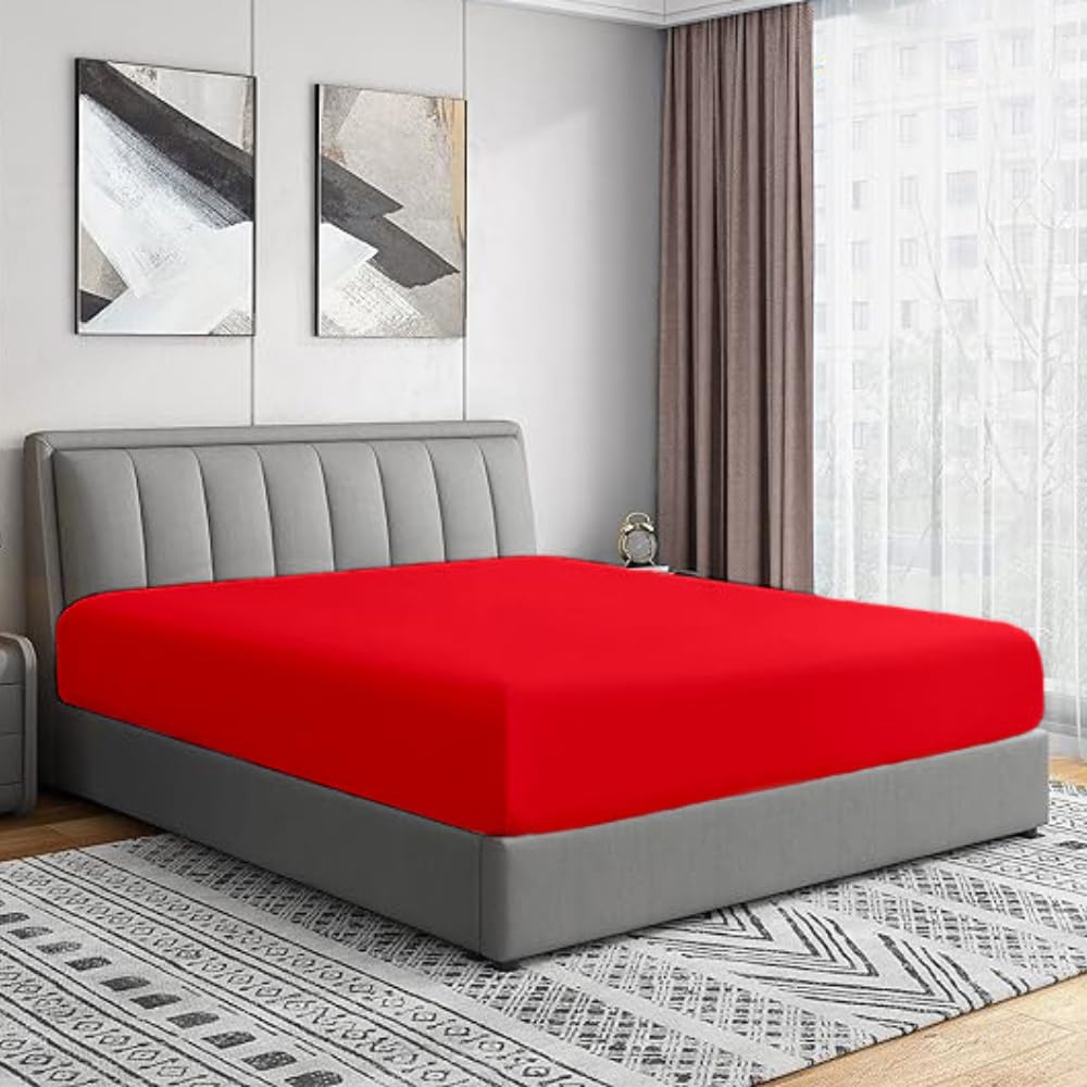 Bottom Fitted Sheets Stretches Up to 25cm Deep Mattress Pocket 100% Pure Egyptian Cotton 200 Thread Count Fitted Bedsheet Soft & Comfortable Hotel Quality Bottom Sheets (Red, Single)