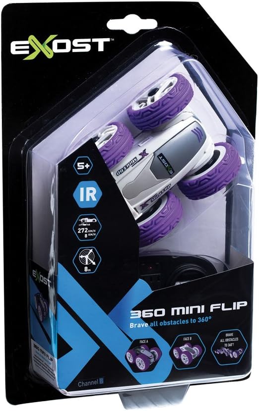 Exost 360 Mini Flip RC car in purple, inside its retail packaging