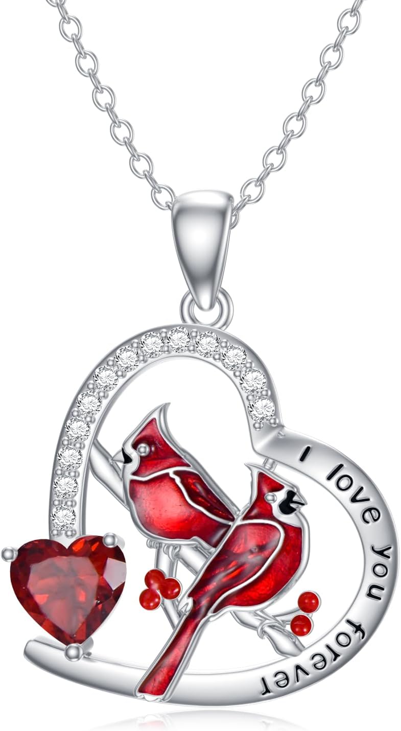Cardinal Necklace for Women Sterling Silver Natural Garnet Red Bird Cardinal Heart Pendant Necklace Jewelry Memorial Gift for Loss of Loved One Heart