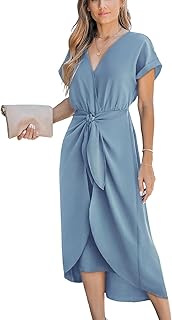 Women's V Neck Wrap Dress Twisted Slit Pleated Waist Tie Short Sleeve Summer Midi Dresses - Buy now