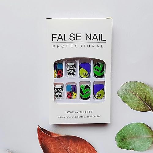 Miniatura 2 de 24 uñas postizas a presión de Halloween, cuadradas, cortas, de cobertura completa, con diseño de cara de fantasma colorida, uñas postizas de mueca