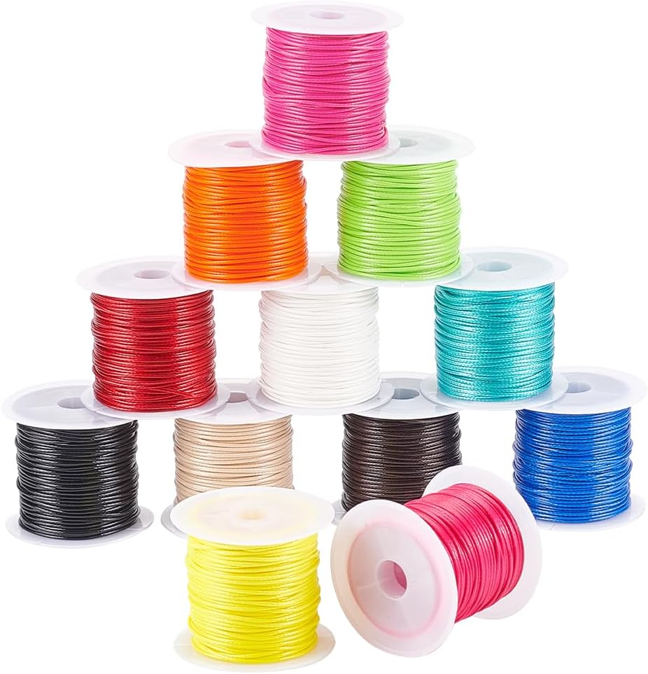 12 Rolls 1mm Waxed Polyester Cord Thread Beading String 12 Colors Braided Cords for Jewelry Bracelet Necklace Making And Macrame Supplies, 10m Each Roll