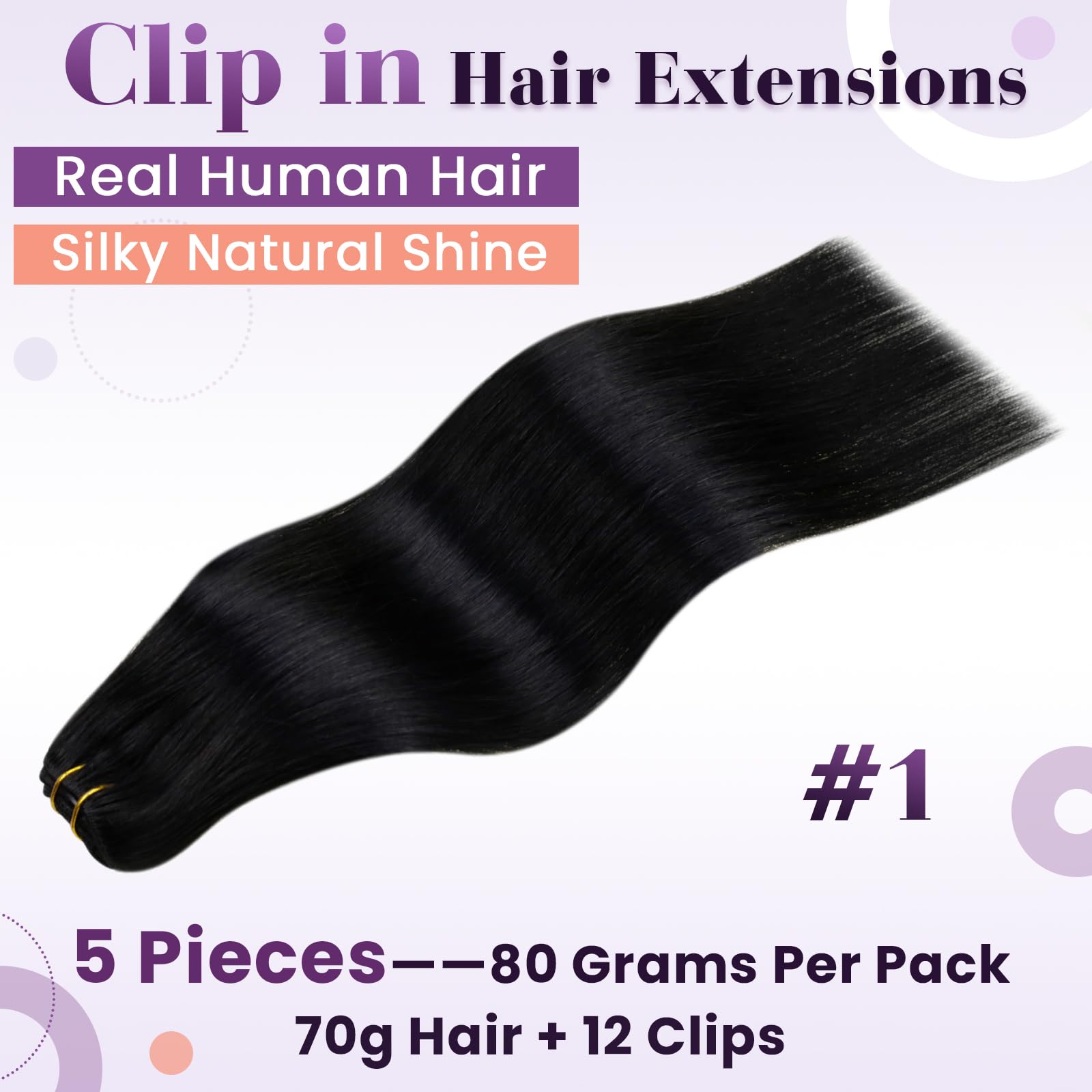 LaaVoo Black Hair Extensions Clip in 14 Inch Clip in Hair Extensions Real Human Hair Natural Black Straight Remy Hair Full Head Double Weft 80g 5pcs #1 - Image 2