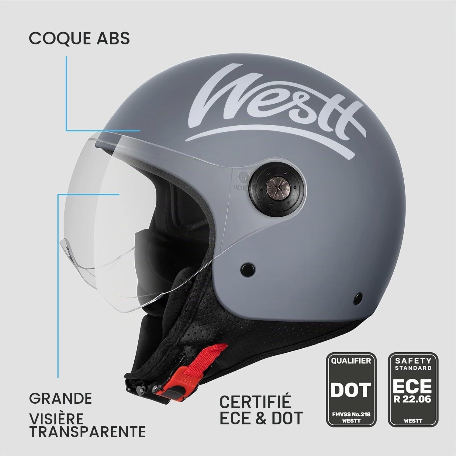 Westt Casque Jet Moto Homme Femme, avec Visière, Homologué ECE 22.06 | 1050g Ultraléger Casque Scooter, ABS &EPS Robustes, Convient aux cyclomoteurs, scooters et aux personnes portant des lunettes