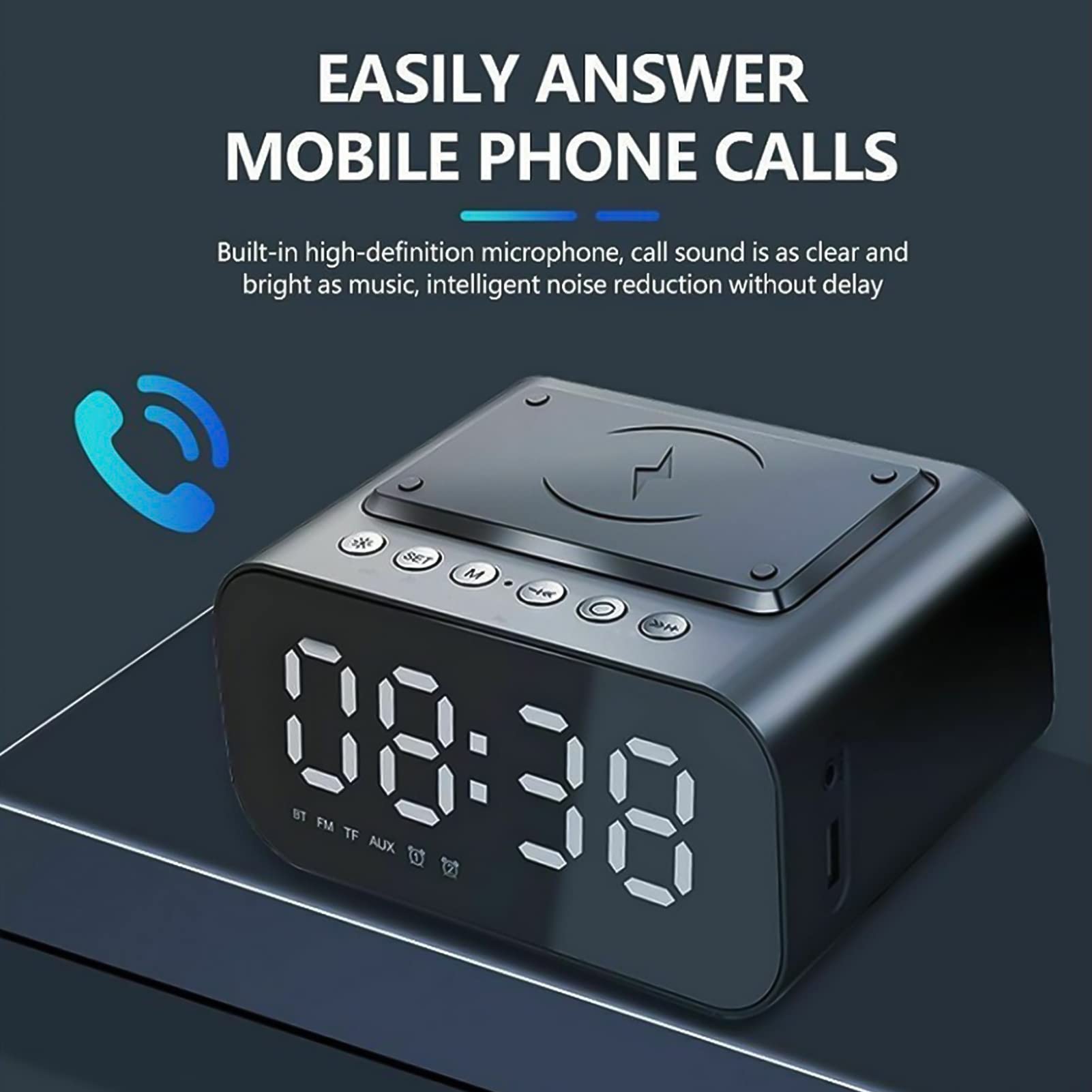 Sveglia con Caricatore Wireless, Altoparlante Multifunzione 4 in 1 LED Orologio da Tavolo Digitale Radio FM Funzione Snooze
