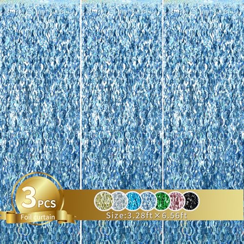 TONIFUL 3Pcs Wavy Metallic Tinsel Foil Fringe Curtains Light Blue Streamer Backdrop for Photo Booth Props,Party Door Wall Curtains,Bachelorette,Underwater World Birthday Party Decor (9.9ft x 6.6ft)