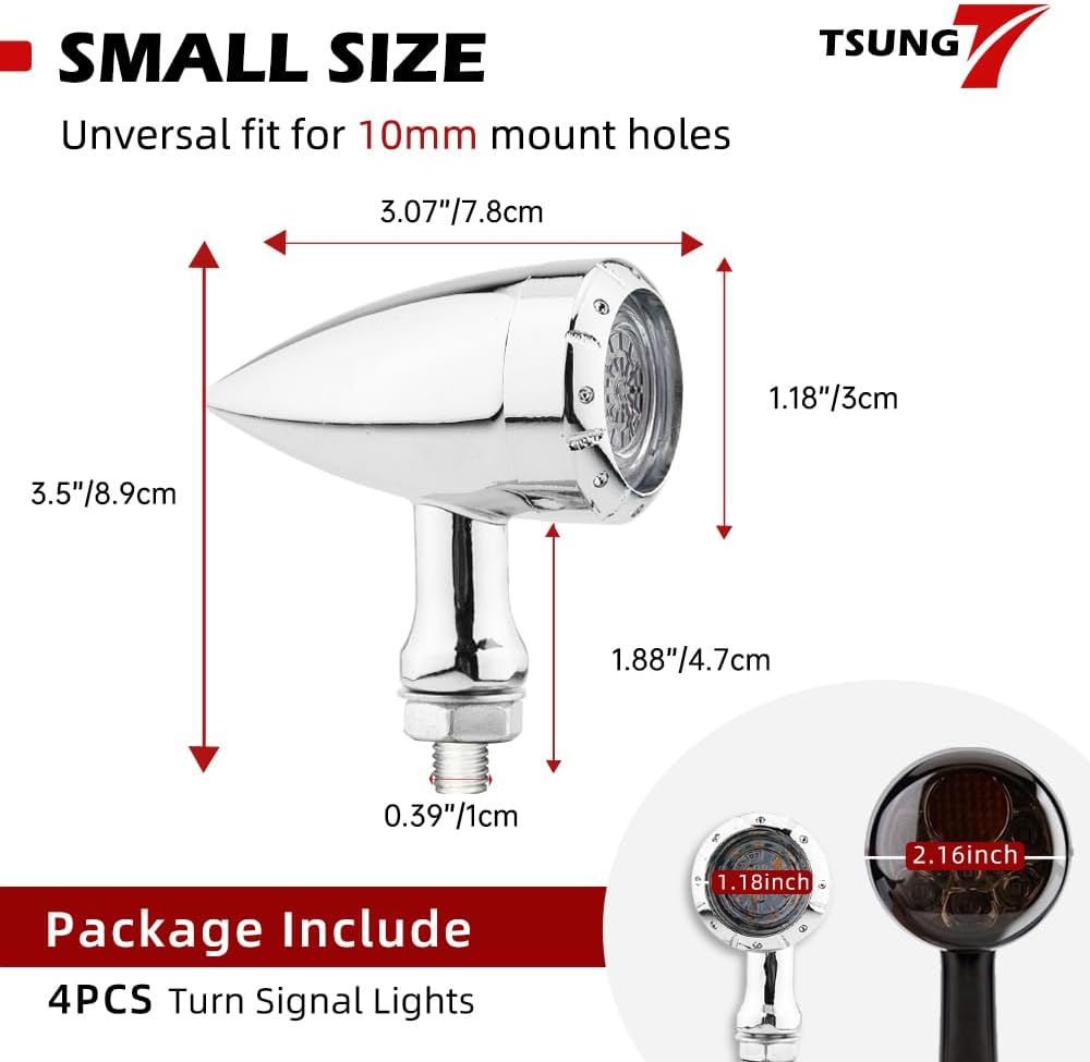 TSUNG 4PCS Motorcycle Bullet LED Front Rear Turn Signal Light SMD Blinker Indicator for Cruiser Chopper Bobber Cafe Racer Street Bike (SMD LED-4PCS Chrome)