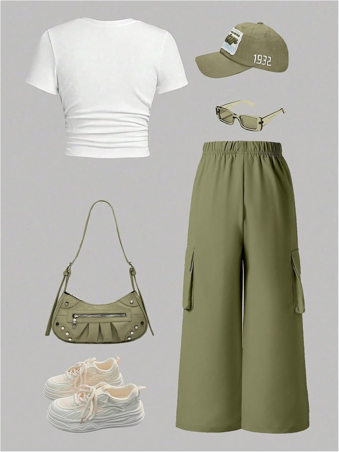 OYOANGLE Girl's 2 Piece Summer Cute Sets Ruched Graphic Letter Tee and Wide Leg Cargo Pants Matching Clothing Set