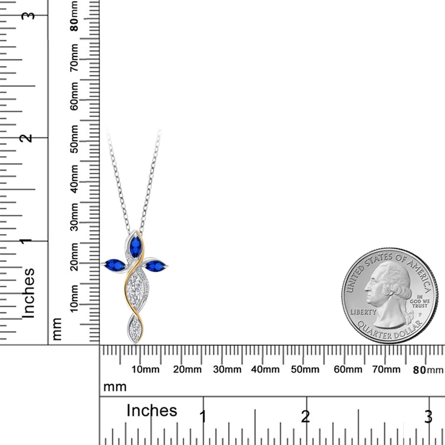 Cross Necklace For Women In 925 Silver and 10K Yellow Gold with Lab Grown Diamond and Blue Created Sapphire | 1.31 Cttw | Jesus Christian Religious Crucifix | Marquise Cut 8X4MM | With 18 Inch Chain - Image 2