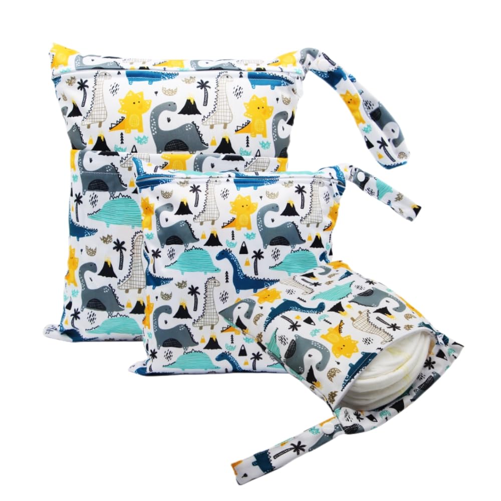 Asenappy 3pcs Cloth Diaper Wet Dry Bags Waterproof Reusable with Two Zippered Pockets Travel Beach Pool Daycare Soiled Baby Items Yoga Gym Bag for Swimsuits or Wet Clothes (dinosaur)