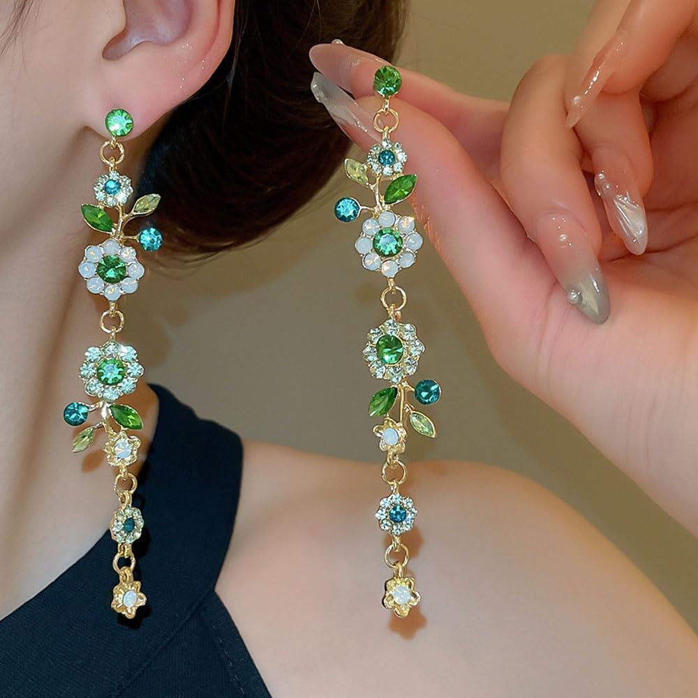 Missgrace Women Green Hypoallergenic Rhinestone Earrings Dangling Sparkly Purple Dangle Earrings Flower Leaf Chandelier Earrings Tassel Large Studs Crystal Statement Earrings for Women - Image 3